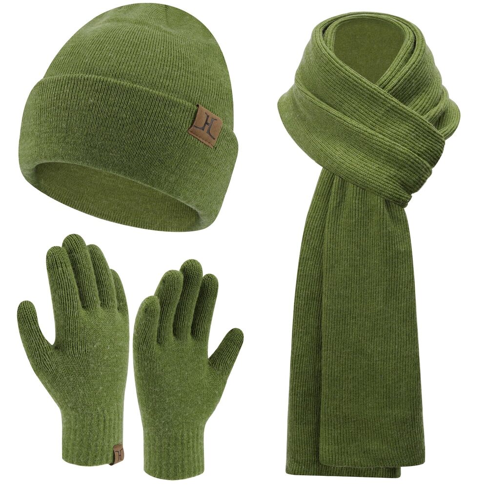 6558 Winter Warm Beanie Hats Long Scarf Neck Touchscreen Gloves Set Ribbed